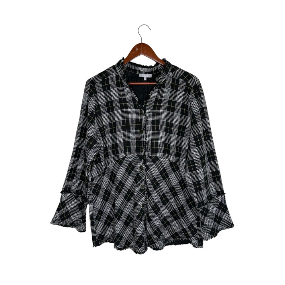 Habitat Pattern Play Cotton Black Gray Plaid Lagenlook Popover Tunic Blouse